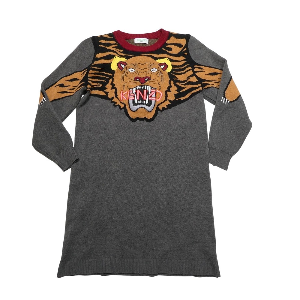 Kenzo Sweater Dress Womens Medium Gray Tiger‎ Intarsia Knit Long Sleeve Graphic